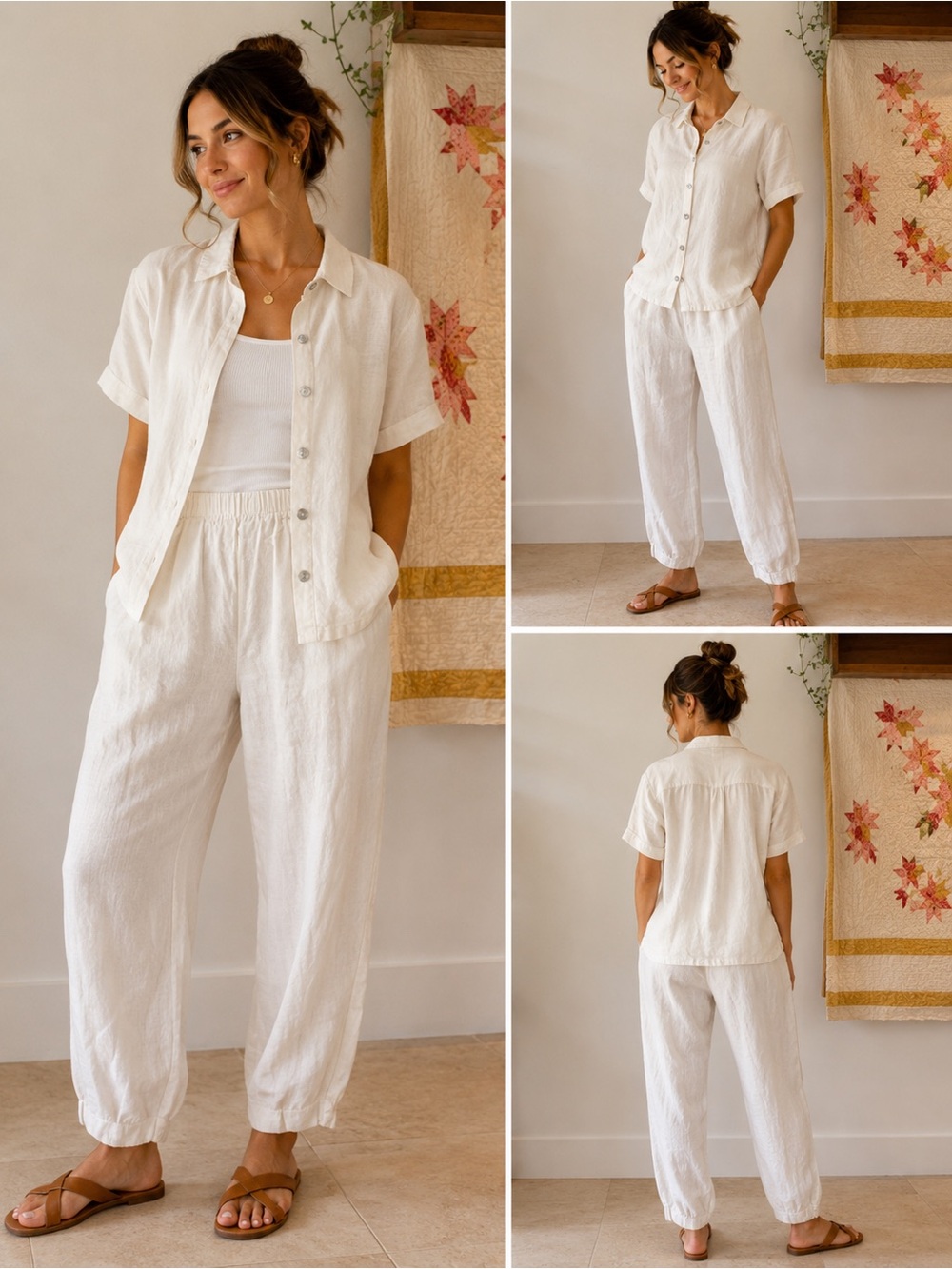 Hot Cotton Cream Wide-Leg Linen Two-Piece Set